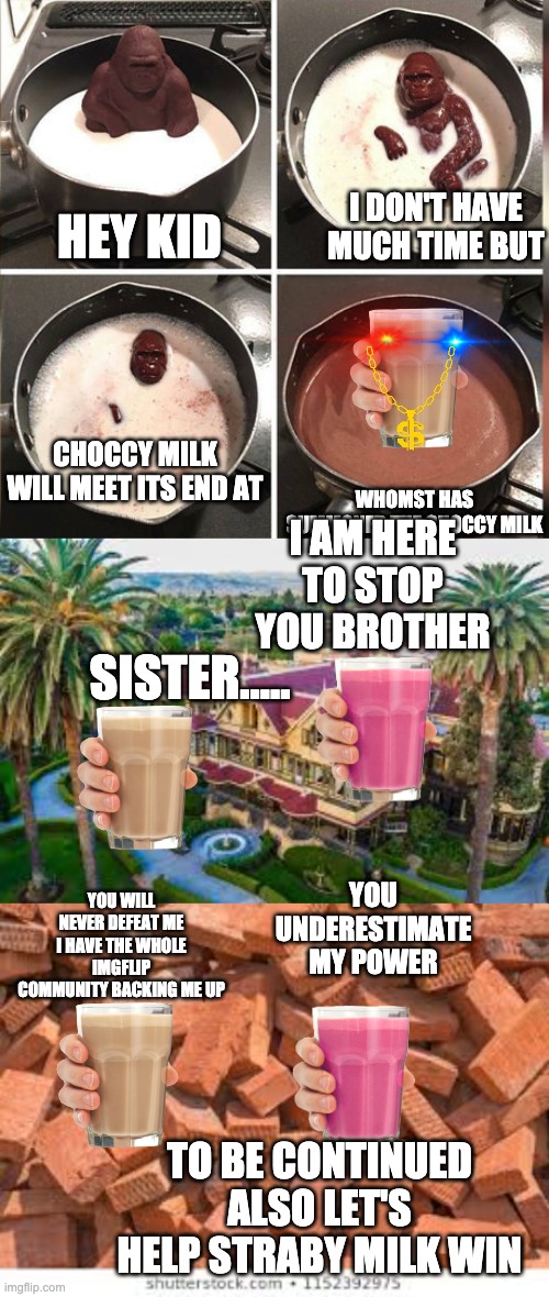 For the imgflip community: LET'S TAKE DOWN CHOCCY MILK!!!!!!! | HEY KID; I DON'T HAVE MUCH TIME BUT; CHOCCY MILK WILL MEET ITS END AT; WHOMST HAS SUMMONED THE CHOCCY MILK; I AM HERE TO STOP YOU BROTHER; SISTER..... YOU UNDERESTIMATE MY POWER; YOU WILL NEVER DEFEAT ME I HAVE THE WHOLE IMGFLIP COMMUNITY BACKING ME UP; TO BE CONTINUED ALSO LET'S HELP STRABY MILK WIN | image tagged in hey kid i don't have much time | made w/ Imgflip meme maker