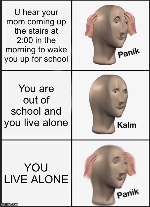 OH NO THEY GONNA SHOOT YOU | U hear your mom coming up the stairs at 2:00 in the morning to wake you up for school; You are out of school and you live alone; YOU LIVE ALONE | image tagged in memes,panik kalm panik,oh no,i am not fast | made w/ Imgflip meme maker