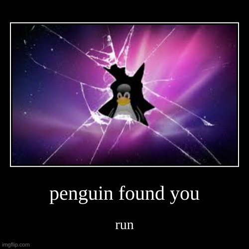 peengwen | penguin found you | run | image tagged in funny,demotivationals,penguin | made w/ Imgflip demotivational maker