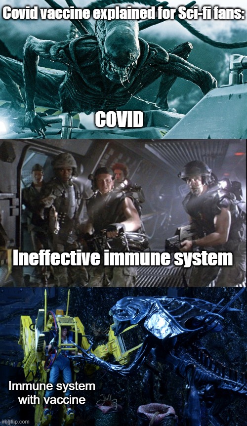 Covid vaccine explained for sci-fi fans | Covid vaccine explained for Sci-fi fans:; COVID; Ineffective immune system; Immune system with vaccine | image tagged in covid,vaccine,aliens | made w/ Imgflip meme maker