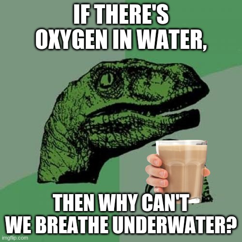 wacc | IF THERE'S OXYGEN IN WATER, THEN WHY CAN'T WE BREATHE UNDERWATER? | image tagged in memes,philosoraptor | made w/ Imgflip meme maker