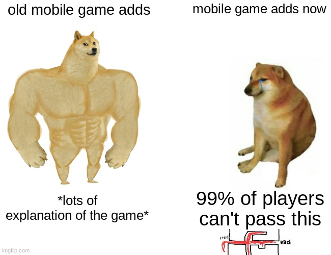 ads... | old mobile game adds; mobile game adds now; *lots of explanation of the game*; 99% of players can't pass this | image tagged in memes,buff doge vs cheems | made w/ Imgflip meme maker