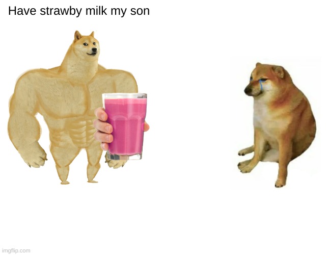 Have strawby milk my son | Have strawby milk my son | image tagged in memes,buff doge vs cheems,strawby milk gang,strawby milk,milk,choccy milk | made w/ Imgflip meme maker