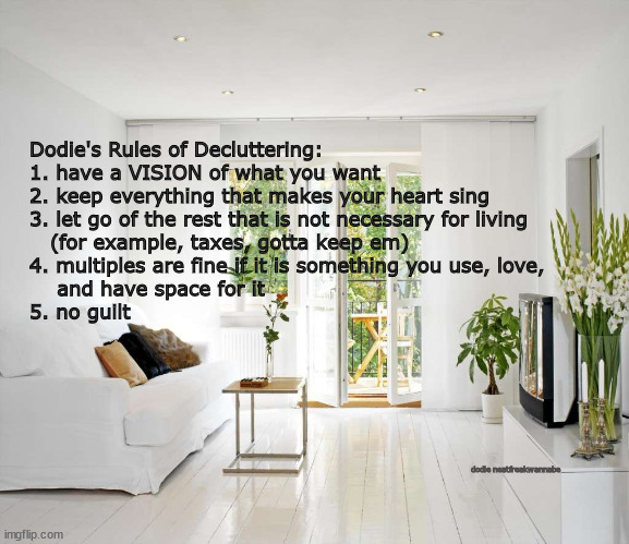 Dodie's Rules of Decluttering:
1. have a VISION of what you want
2. keep everything that makes your heart sing
3. let go of the rest that is not necessary for living 
   (for example, taxes, gotta keep em)
4. multiples are fine if it is something you use, love, 
    and have space for it
5. no guilt; dodie neatfreakwannabe | image tagged in cleaning | made w/ Imgflip meme maker