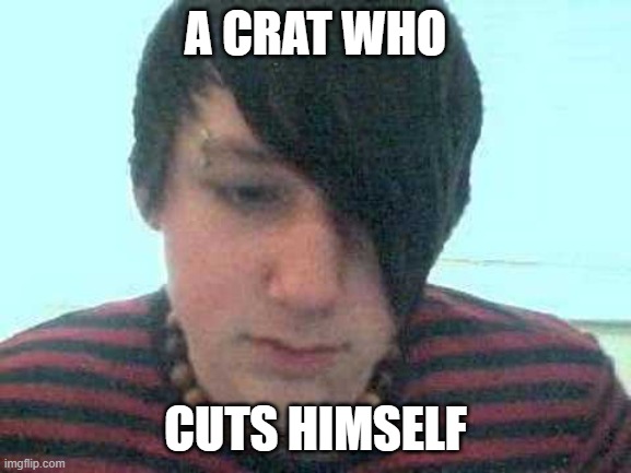emo kid | A CRAT WHO CUTS HIMSELF | image tagged in emo kid | made w/ Imgflip meme maker
