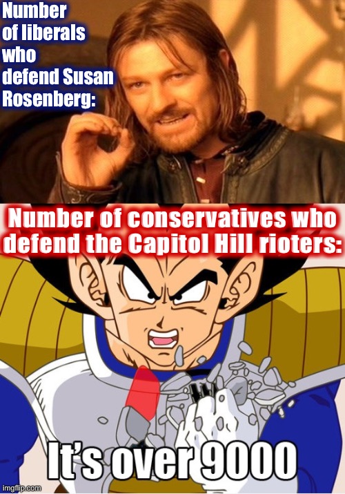 “B-b-b-but the Capitol Hill bomber from 1983!!” | Number of liberals who defend Susan Rosenberg:; Number of conservatives who defend the Capitol Hill rioters: | image tagged in memes,one does not simply,it's over 9000 dragon ball z newer animation | made w/ Imgflip meme maker