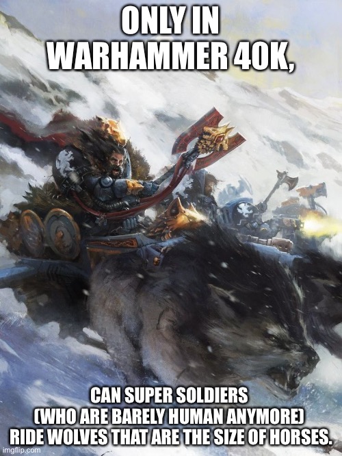 Space Wolves | ONLY IN WARHAMMER 40K, CAN SUPER SOLDIERS 
(WHO ARE BARELY HUMAN ANYMORE) 
RIDE WOLVES THAT ARE THE SIZE OF HORSES. | image tagged in space wolves,warhammer 40k | made w/ Imgflip meme maker