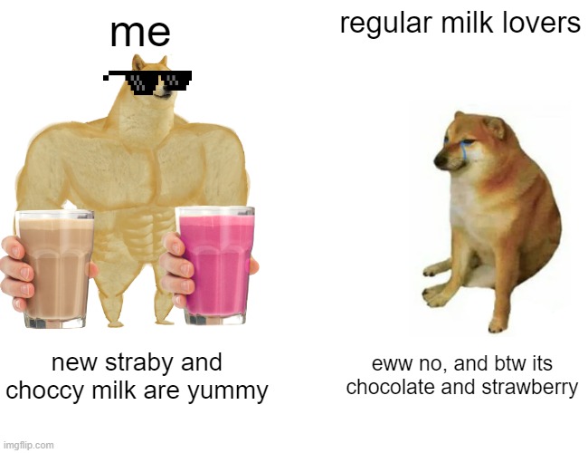 choccy and straby milk is yum | me; regular milk lovers; new straby and choccy milk are yummy; eww no, and btw its chocolate and strawberry | image tagged in memes,buff doge vs cheems | made w/ Imgflip meme maker