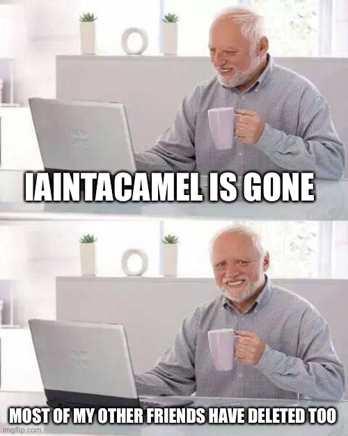 WE NEED TO STOP THEM DELETING | IAINTACAMEL IS GONE; MOST OF MY OTHER FRIENDS HAVE DELETED TOO | image tagged in memes,hide the pain harold | made w/ Imgflip meme maker