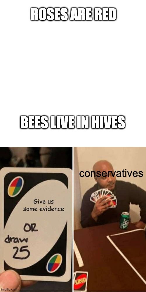 How did Trump win? The election was fair, what is your evidence | ROSES ARE RED; BEES LIVE IN HIVES; conservatives; Give us some evidence | image tagged in memes,blank transparent square,uno draw 25 cards,scumbag republicans,trump sucks | made w/ Imgflip meme maker