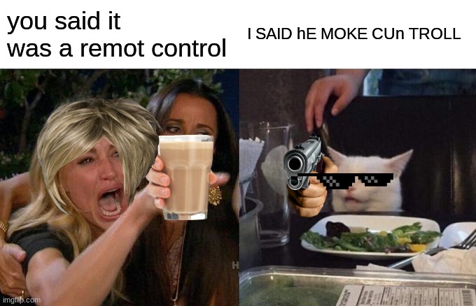 THUS women is a moron | you said it was a remot control; I SAID hE MOKE CUn TROLL | image tagged in memes,woman yelling at cat | made w/ Imgflip meme maker