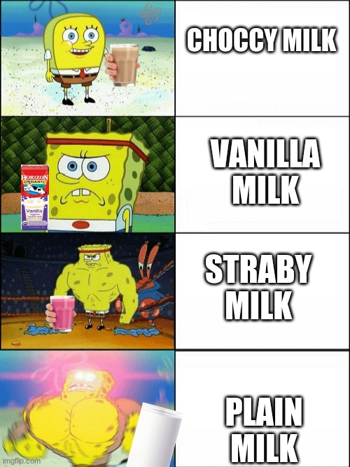 Sponge Milk | CHOCCY MILK; VANILLA MILK; STRABY MILK; PLAIN MILK | image tagged in increasingly buff spongebob,choccy milk | made w/ Imgflip meme maker