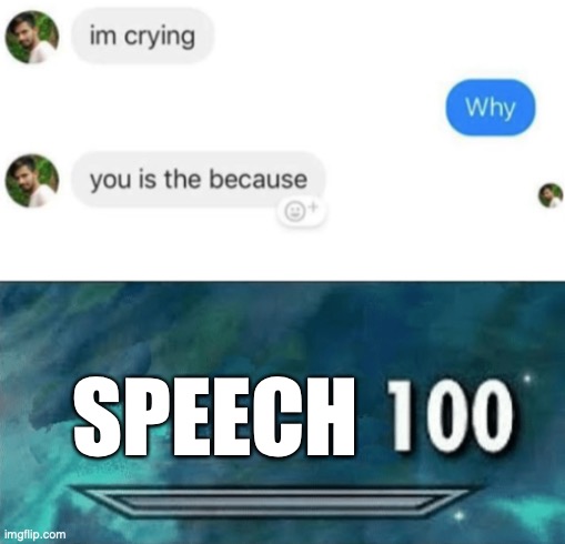 you is the because | SPEECH | image tagged in skyrim skill meme | made w/ Imgflip meme maker