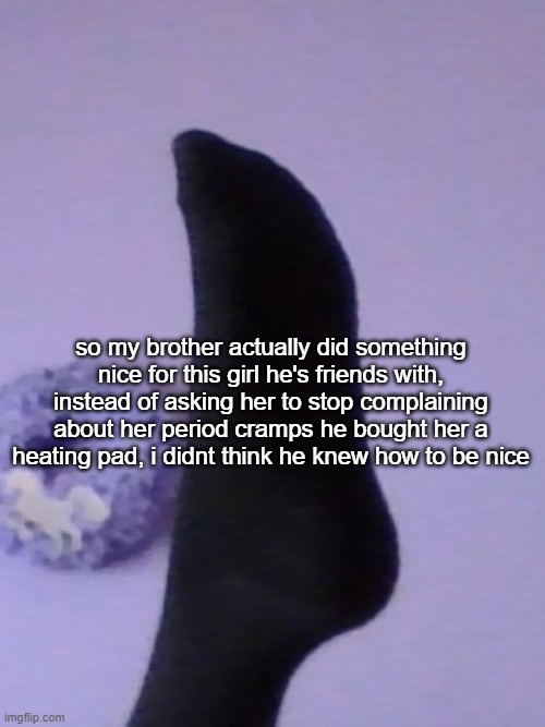 so my brother actually did something nice for this girl he's friends with, instead of asking her to stop complaining about her period cramps he bought her a heating pad, i didnt think he knew how to be nice | image tagged in perhaps rose's foot | made w/ Imgflip meme maker