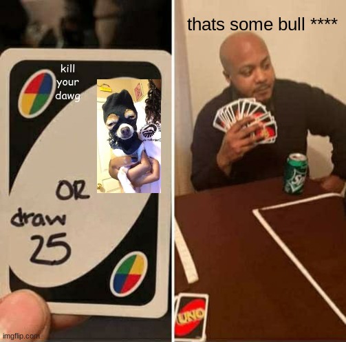 haha | thats some bull ****; kill your dawg | image tagged in memes,uno draw 25 cards | made w/ Imgflip meme maker