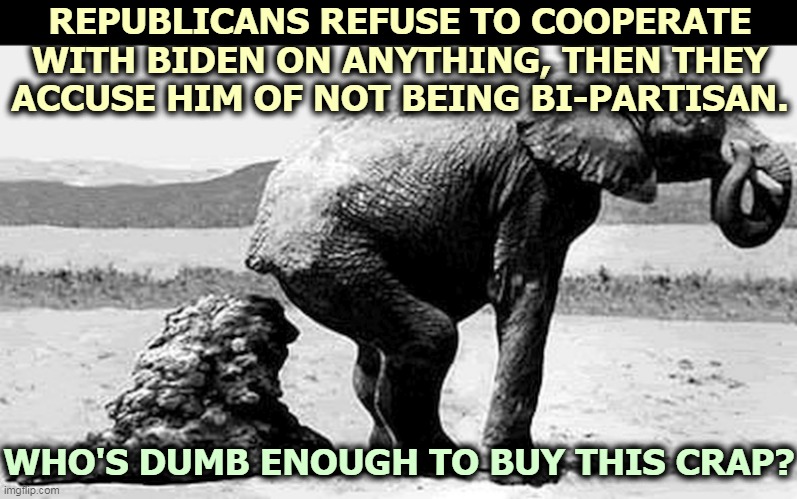 Republicans have learned nothing. | REPUBLICANS REFUSE TO COOPERATE WITH BIDEN ON ANYTHING, THEN THEY ACCUSE HIM OF NOT BEING BI-PARTISAN. WHO'S DUMB ENOUGH TO BUY THIS CRAP? | image tagged in republicans,full,crap | made w/ Imgflip meme maker