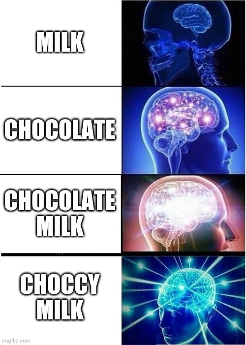 Brain Expanding on Choccy | MILK; CHOCOLATE; CHOCOLATE MILK; CHOCCY MILK | image tagged in memes,expanding brain,choccy milk,funny,chocolate milk,imgflip | made w/ Imgflip meme maker