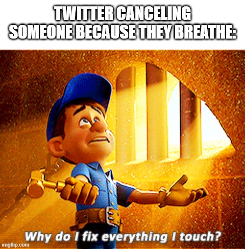 so true | TWITTER CANCELING SOMEONE BECAUSE THEY BREATHE: | image tagged in why do i fix everything i touch | made w/ Imgflip meme maker