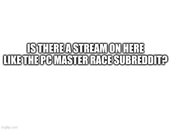 PC Stream? | IS THERE A STREAM ON HERE LIKE THE PC MASTER RACE SUBREDDIT? | image tagged in blank white template | made w/ Imgflip meme maker