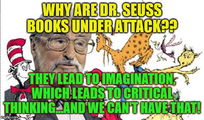 Dr seuss | WHY ARE DR. SEUSS BOOKS UNDER ATTACK?? THEY LEAD TO IMAGINATION, WHICH LEADS TO CRITICAL THINKING...AND WE CAN'T HAVE THAT! | image tagged in dr seuss | made w/ Imgflip meme maker