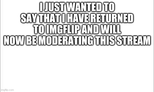 i have returned | I JUST WANTED TO SAY THAT I HAVE RETURNED TO IMGFLIP AND WILL NOW BE MODERATING THIS STREAM | image tagged in white background | made w/ Imgflip meme maker