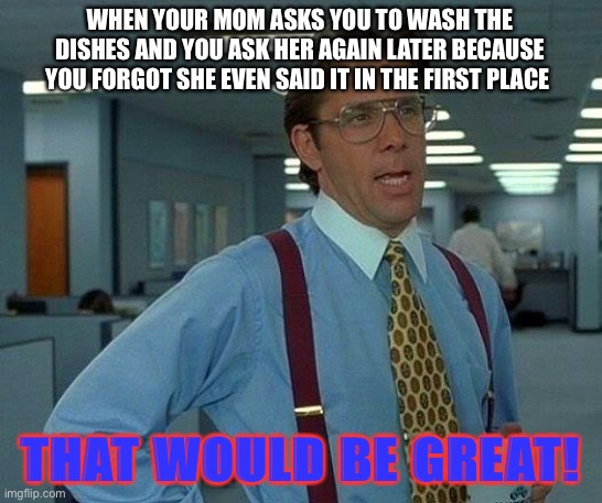 When your mom meme | WHEN YOUR MOM ASKS YOU TO WASH THE DISHES AND YOU ASK HER AGAIN LATER BECAUSE YOU FORGOT SHE EVEN SAID IT IN THE FIRST PLACE; THAT WOULD BE GREAT! | image tagged in memes,that would be great | made w/ Imgflip meme maker