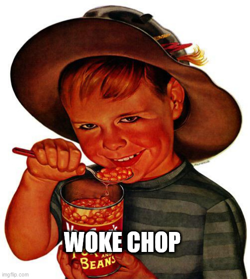 WOKE CHOP | image tagged in vegan,mock meat,impossible burger,substitute,beans | made w/ Imgflip meme maker