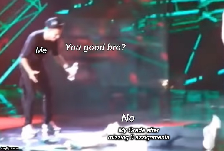 One Direction You good bro? | Me; My Grade after missing 3 assignments | image tagged in one direction you good bro | made w/ Imgflip meme maker