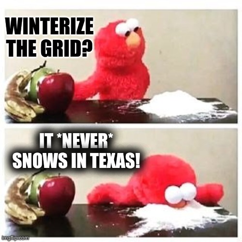 elmo cocaine | WINTERIZE
THE GRID? IT *NEVER*
SNOWS IN TEXAS! | image tagged in elmo cocaine,texas,blackout,fossil fuel,frozen wind turbines,conservative logic | made w/ Imgflip meme maker