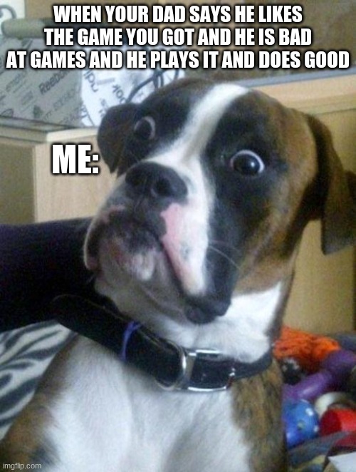 Suprised Boxer | WHEN YOUR DAD SAYS HE LIKES THE GAME YOU GOT AND HE IS BAD AT GAMES AND HE PLAYS IT AND DOES GOOD; ME: | image tagged in suprised boxer | made w/ Imgflip meme maker