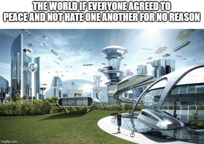 is this type of future even possible at this point? | THE WORLD IF EVERYONE AGREED TO PEACE AND NOT HATE ONE ANOTHER FOR NO REASON | image tagged in the future world if | made w/ Imgflip meme maker