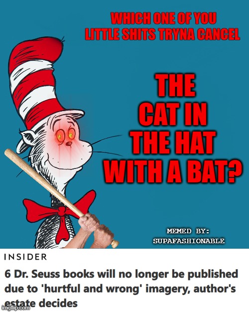 I just wanna talk | WHICH ONE OF YOU LITTLE SHITS TRYNA CANCEL; THE CAT IN THE HAT WITH A BAT? MEMED BY:
SUPAFASHIONABLE | image tagged in cat heard bout that | made w/ Imgflip meme maker