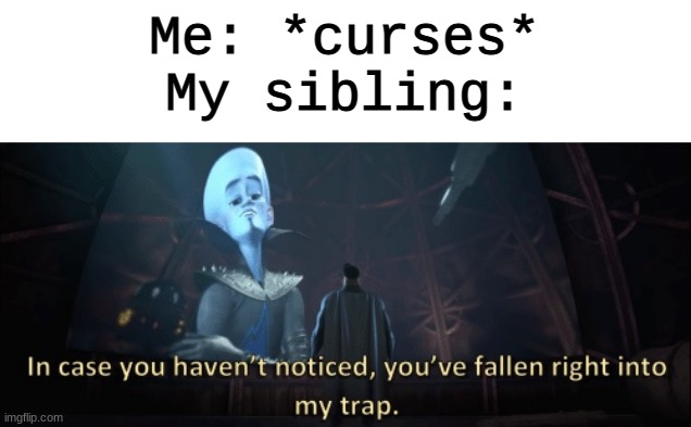 Homemade relatable Memes Part 3 | Me: *curses*
My sibling: | image tagged in in case you haven t noticed you have fallen right into my trap | made w/ Imgflip meme maker