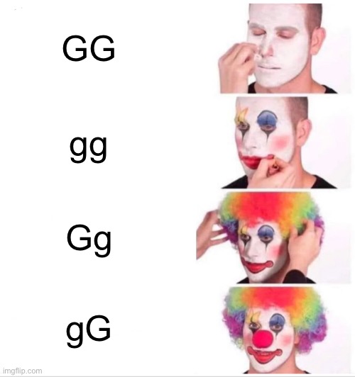 Just spell it right for gods sake! | GG; gg; Gg; gG | image tagged in memes,clown applying makeup | made w/ Imgflip meme maker