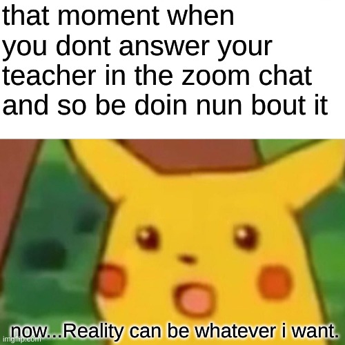 and i have been answering this whole time. | that moment when you dont answer your teacher in the zoom chat and so be doin nun bout it; now...Reality can be whatever i want. | image tagged in memes,surprised pikachu | made w/ Imgflip meme maker