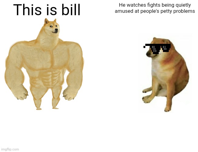 Buff Doge vs. Cheems | This is bill; He watches fights being quietly amused at people's petty problems | image tagged in memes,buff doge vs cheems | made w/ Imgflip meme maker