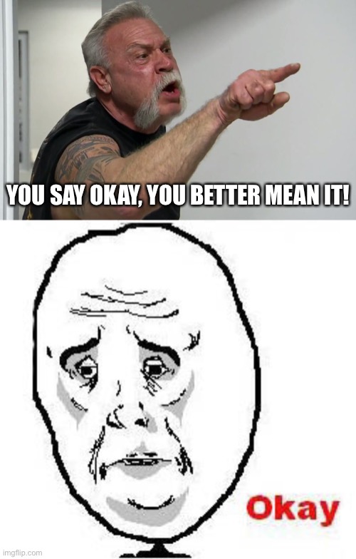 YOU SAY OKAY, YOU BETTER MEAN IT! | image tagged in american chopper,memes,okay guy rage face | made w/ Imgflip meme maker