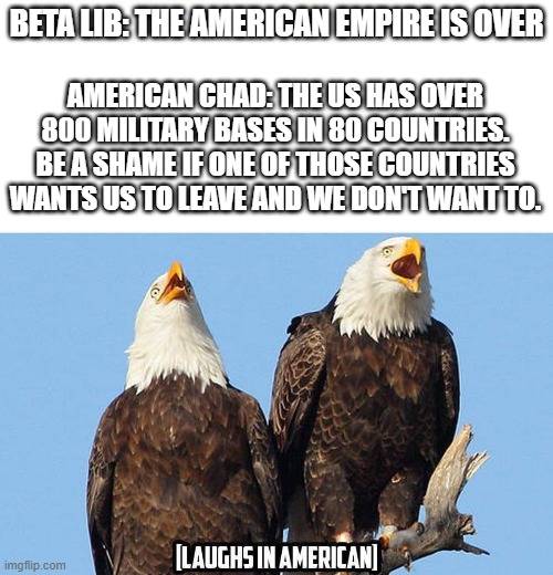 American Empire Over? | BETA LIB: THE AMERICAN EMPIRE IS OVER; AMERICAN CHAD: THE US HAS OVER 800 MILITARY BASES IN 80 COUNTRIES. BE A SHAME IF ONE OF THOSE COUNTRIES WANTS US TO LEAVE AND WE DON'T WANT TO. | image tagged in eagles laugh in american | made w/ Imgflip meme maker