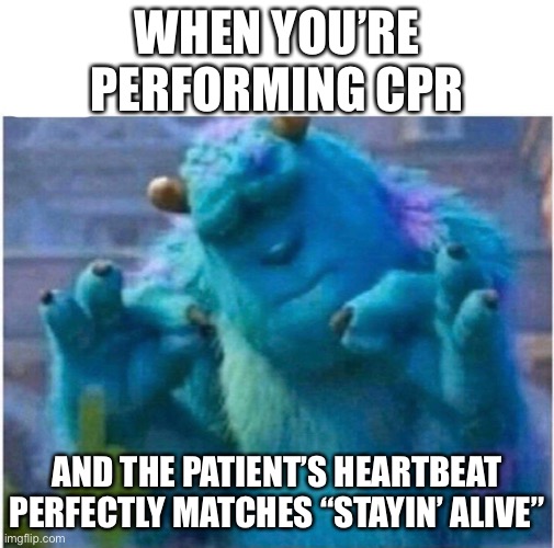 Pleased Sulley | WHEN YOU’RE PERFORMING CPR; AND THE PATIENT’S HEARTBEAT PERFECTLY MATCHES “STAYIN’ ALIVE” | image tagged in pleased sulley,cpr,heart,heartbeat rate,i'm the dumbest man alive | made w/ Imgflip meme maker