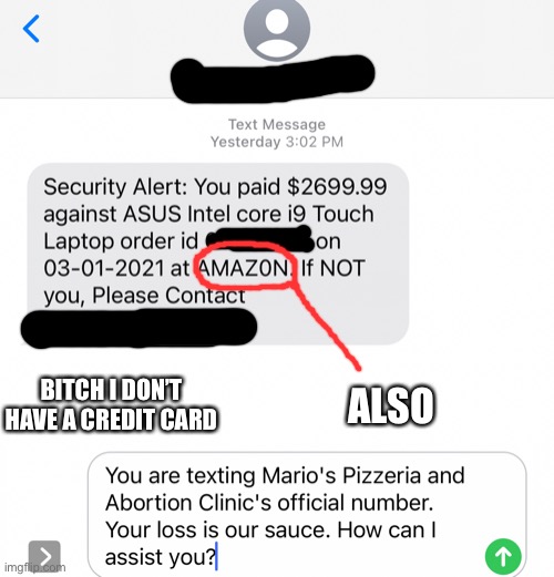 I wanted to troll this scammer so bad | BITCH I DON’T HAVE A CREDIT CARD; ALSO | made w/ Imgflip meme maker