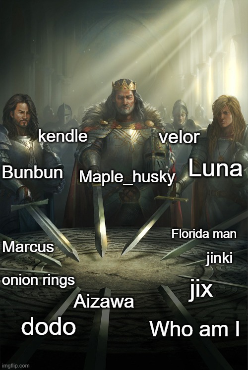 this took a while | kendle; velor; Maple_husky; Bunbun; Luna; Florida man; Marcus; jinki; onion rings; jix; Aizawa; dodo; Who am I | image tagged in swords united | made w/ Imgflip meme maker