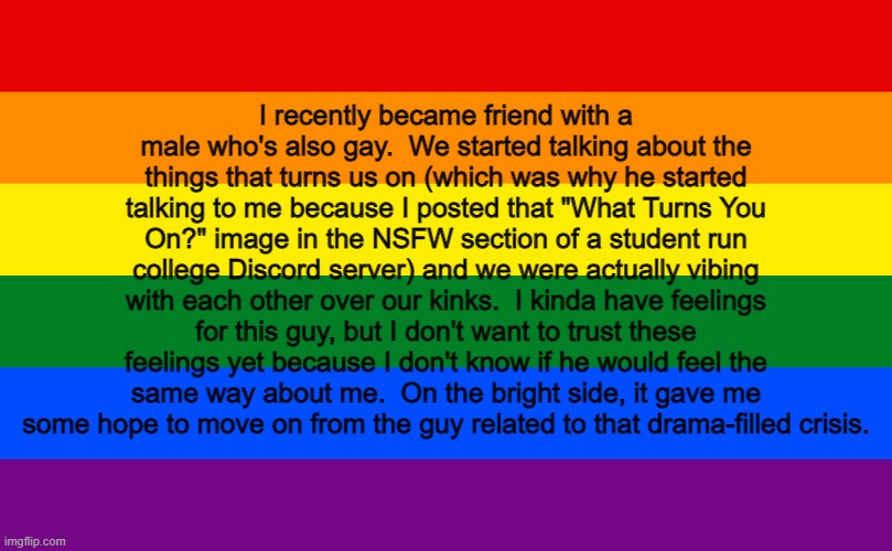 I Made a New Friend and I Kinda Have a Thing For Him, But I Don't Want to Trust it Yet | I recently became friend with a male who's also gay.  We started talking about the things that turns us on (which was why he started talking to me because I posted that "What Turns You On?" image in the NSFW section of a student run college Discord server) and we were actually vibing with each other over our kinks.  I kinda have feelings for this guy, but I don't want to trust these feelings yet because I don't know if he would feel the same way about me.  On the bright side, it gave me some hope to move on from the guy related to that drama-filled crisis. | image tagged in rainbow flag,lgbtq,memes,updates,crush,new friend | made w/ Imgflip meme maker