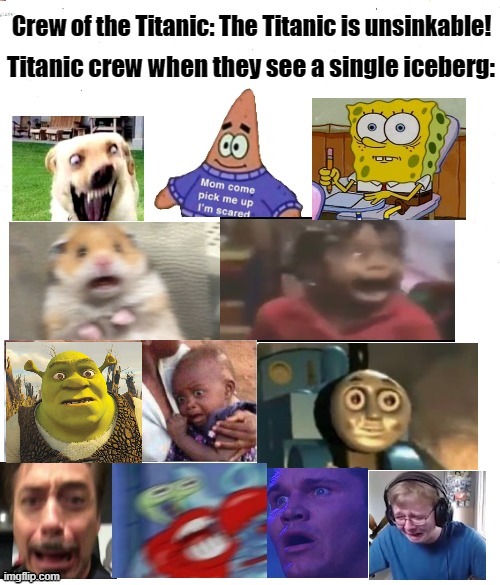 Titanic vs iceberg | image tagged in shrek,spongebob,patrick star,mr crabs | made w/ Imgflip meme maker