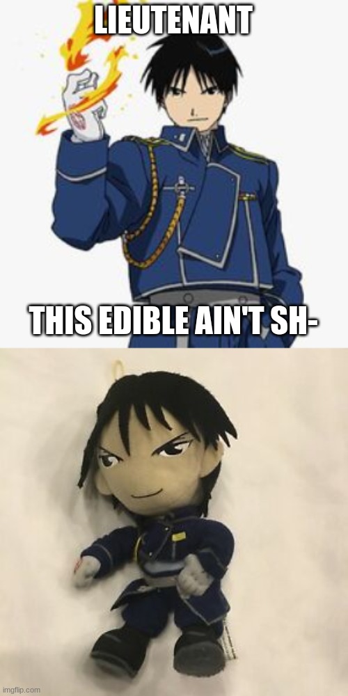 Roy Mustang tries an edible | LIEUTENANT; THIS EDIBLE AIN'T SH- | image tagged in fullmetal alchemist | made w/ Imgflip meme maker