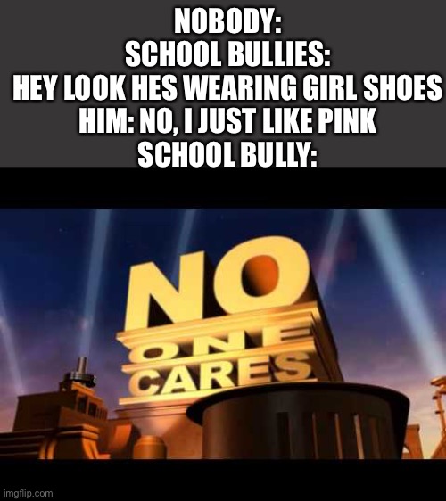 no one cares | NOBODY:
SCHOOL BULLIES:
HEY LOOK HES WEARING GIRL SHOES
HIM: NO, I JUST LIKE PINK
SCHOOL BULLY: | image tagged in no one cares | made w/ Imgflip meme maker