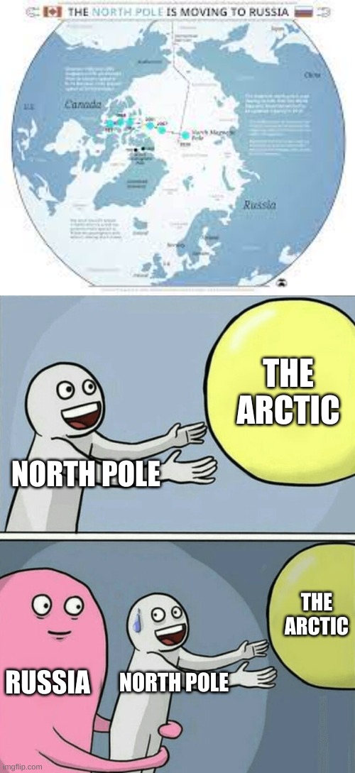 did u know the north pole is moving to russia | THE ARCTIC; NORTH POLE; THE ARCTIC; RUSSIA; NORTH POLE | image tagged in memes,running away balloon | made w/ Imgflip meme maker