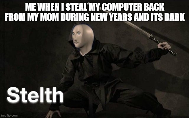 Actually she stole it first and then went ahead to steal it back |  ME WHEN I STEAL MY COMPUTER BACK FROM MY MOM DURING NEW YEARS AND ITS DARK | image tagged in stelth | made w/ Imgflip meme maker