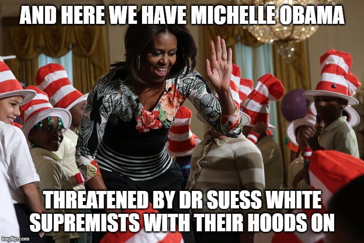 AND HERE WE HAVE MICHELLE OBAMA; THREATENED BY DR SUESS WHITE SUPREMISTS WITH THEIR HOODS ON | image tagged in obama | made w/ Imgflip meme maker