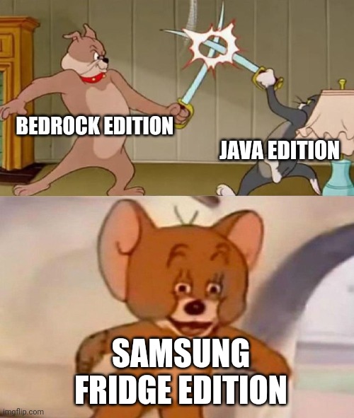 Tom and Jerry swordfight | BEDROCK EDITION; JAVA EDITION; SAMSUNG FRIDGE EDITION | image tagged in tom and jerry swordfight | made w/ Imgflip meme maker