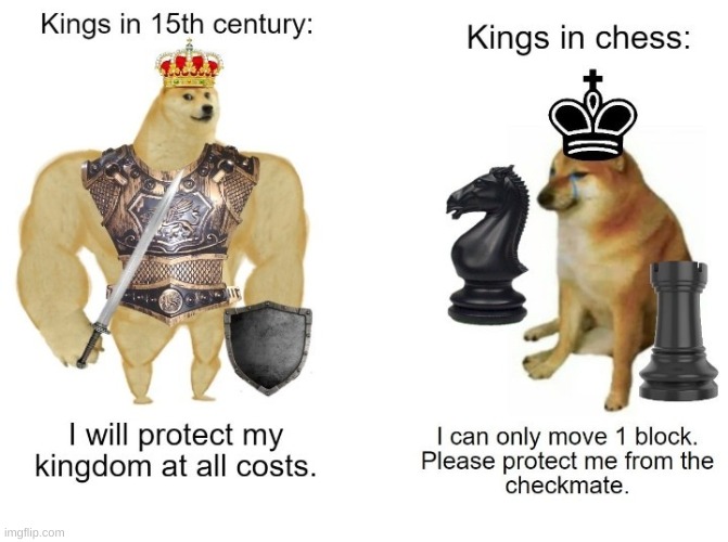 kings are useless | image tagged in chess,buff doge vs cheems,cheems,kings | made w/ Imgflip meme maker